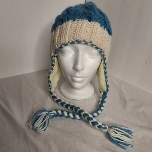 American Eagle Hat Cap Adult One Size Blue Cream Beanie Knit Ear Flaps Unisex  - Picture 1 of 10
