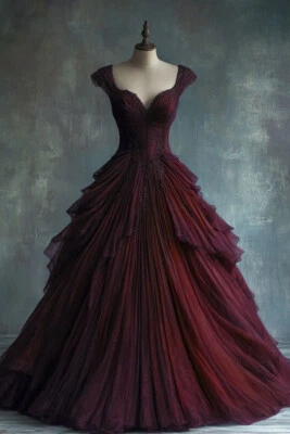 Vestidos de novia góticos con cuentas acanaladas encaje en capas tul línea A cuello en V vestido de novia Foto 1 de 4