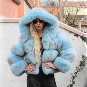 Women Natural Real Fox Fur Coat Hooded Winter Warm Short Jacket Overcoat Outwear - Picture 1 of 12