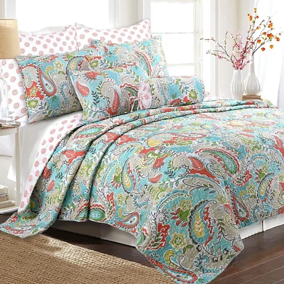 Juego de Cama Edredón Reversible Hoja Floral Coral Azul Turquesa, Cobertor Bedsprea Foto 1 de 4