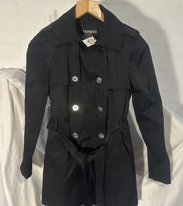 Express Black Double Breasted Trench Coat Belted Size XS - Picture 1 of 14