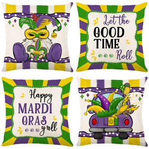 Happy Mardi Gras Throw Pillow Covers Set of 4 Beads Eye Mask Cushion Case 18 x18 - Picture 1 of 5