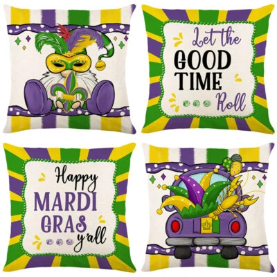 Happy Mardi Gras Throw Pillow Covers Set of 4 Beads Eye Mask Cushion Case 18 x18 - Image 1 of 4