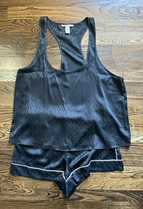 Victoria's Secret Black Racer Back Short Logo Matte Satin PJ Set Pink Piping - L - Picture 1 of 9