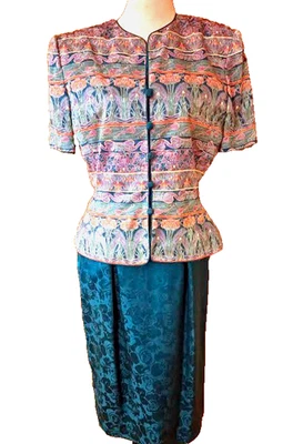 Traje Adrianna Papell 100% Seda Manga Corta, Blazer Forrado y Falda De Colección - 8 Foto 1 de 4