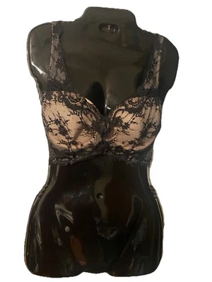 Victoria's Secret Dream Angels Lined Demi Lace Longline Bra 32DD Black Beige Tan - Image 1 of 4