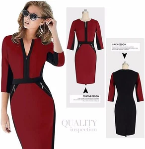 knee Length Patchwork Women Work Dress Tunic Wine Red Bodycon Pencil Dress - Foto 1 di 5