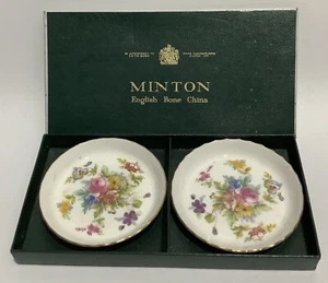 Minton Marlow Bone China Coasters / Pin Dishes Pair Boxed Floral - Picture 1 of 6