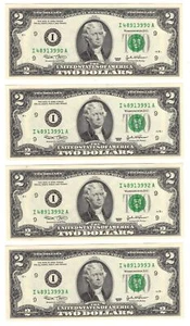 4 billetes consecutivos de la Reserva Federal de 2003 serie de $2 Minneapolis Fr#1937-I - Imagen 1 de 2
