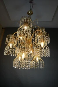 Venini 1970s Italian multi layers Gilt Brass Crystal Chandelier Pendant 8 Lights - Picture 1 of 11