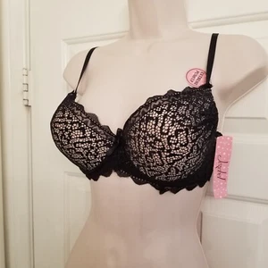 Jezebel Brand Extreme Pushup Bra Black Lace over Beige NWT 38C - Picture 1 of 10