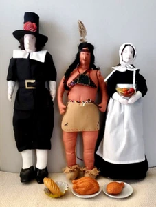 PRIMITIVE FOLK-ART THANKSGIVING FABRIC ARTIST DOLLS (3) + ACCESSORIES -UNBRANDED - Picture 1 of 12