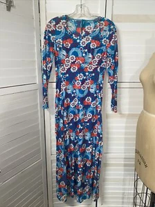 Handmade VTG 60s 70s Maxi Dress Empire Floral Knit Blue Orange Sz Small - Picture 1 of 6