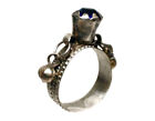 18thC Russia Eastern Tatar Silver Ring Sz 9¼ Sapphire Blue Glass Gemstone Bells