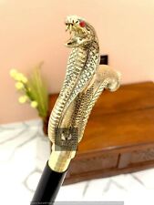 Vintage Halloween Brass Snake Head Handle Victorian Wooden Walking Stick Cane