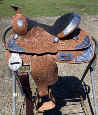 12" leather child's pony Western show saddle w/silver, suede seat - Image 1 of 4