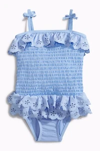 Neu mit Etikett Next Mädchen Kinder Bademode • blau Rüschen Spitze bestickt Badeanzug • 6-9 Monate - Bild 1 von 2