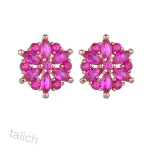 Shiny Rose Gold Plated Sparkling Hot Pink Fuchsia CZ Small Flower Stud Earrings - Picture 1 of 7