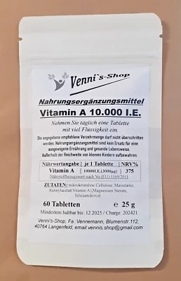 VENNIS-SHOP Vitamin A 10.000 I.E. - 60 Tabletten - reicht für 2 Monate - made in Germany