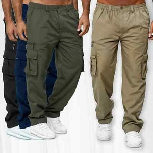 Men Stretch Cargo Combat Work Pants Multi Pockets Elastic Waist Comfort Trouser - Picture 1 of 28