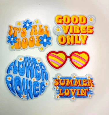 Groovy Embroidered Iron-On Patch Set of 5 – Flower Good Vibes Hippie MCM Retro - Image 1 of 4