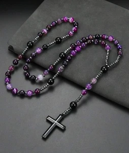 Purple Agate Black Onyx Bead Black Hematite Cross Rosary Necklace Men Women Gift - Picture 1 of 4