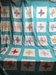79 x 85 Zoll Vintage handgebunden Applikation Schmetterling Quilt Block grün weiß gelb blau - Bild 1 von 24