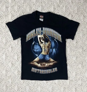 Sz Small Men’s Harley Davidson Tattoo Girl Short Sleeve Shirt Black Ames Iowa  - Picture 1 of 6