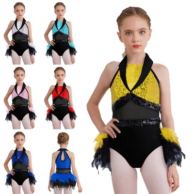 UK Girls Latin Jazz Dance Leotard Dress Sequins Ballet Dance Performance Costume - Image 1 of 3