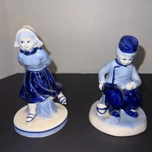 Delfter Blau Holländischer Eisläufer Mädchen & Junge Angeln Porzellan Figuren Vintage - Bild 1 von 12