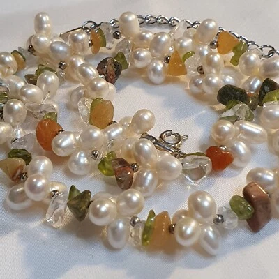 Citrine, Jasper, Peridot Gemstone Necklace with Baroque Cultured Pearls - Image 1 of 4