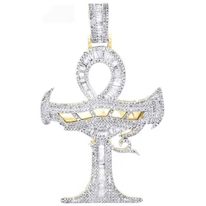 10K Yellow Gold Round & Baguette Diamond Ankh Cross Pendant 2.50" Charm 2.50 CT - Picture 1 of 6