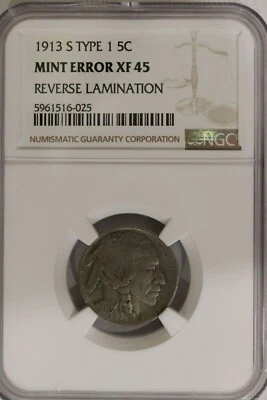 1913 S Type 1 Buffalo Nickel Lamination Mint Error NGC XF45 Must See b112.6 - Image 1 of 3
