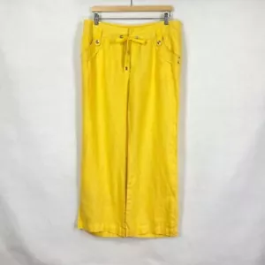INC Linen Pants Wide Leg Summer Boho Beach Coastal Grandma Rhinestones Yellow L - Picture 1 of 7
