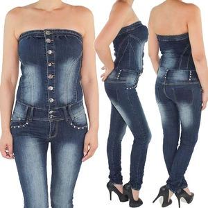 Damen Jeans Overall Jumpsuit Skinny Röhren Stretch Hüft Hose Ärmellos Denim Blau - Bild 1 von 11