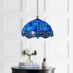 Lámpara colgante Tiffany libélula azul pantalla de vitral de 16 pulgadas estilo antiguo - Imagen 1 de 14