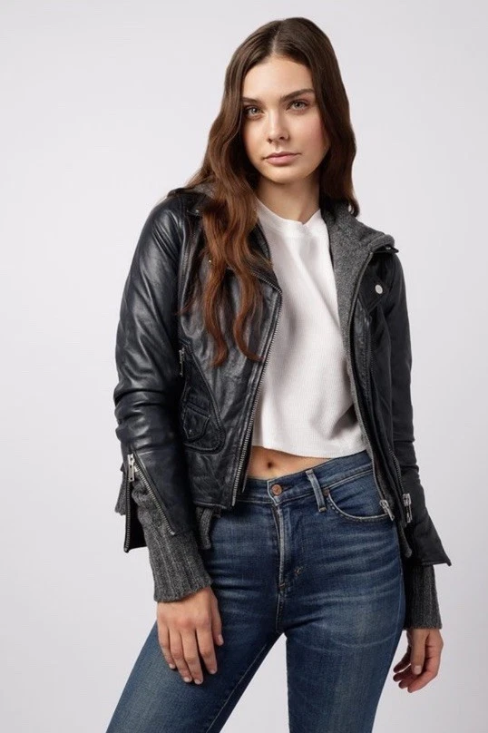 Doma Women's Leather Moto Biker Jacket Detachable Black Knit Hoodie Size M - Image 1 of 4