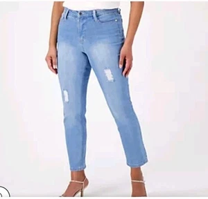Susan Graver Straight Leg Distressed Ankle Jeans- Medium Wash, Regular 2 New - Picture 1 of 12