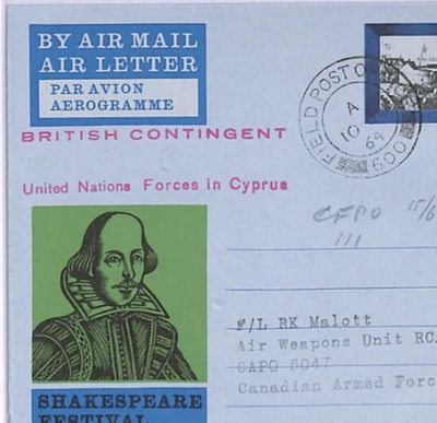 GB USADO CYPRUS Shakespeare AirLetter BRITISH ON FORCES FPO.600 1964 Canadá XH114 Foto 1 de 4