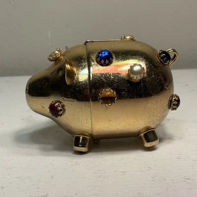 Vintage Napier Pig Gold Tone Bejeweled Cabochon Colorful Gemstone Piggy Bank - Image 1 of 4