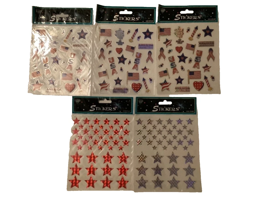 Lote de 5 hojas adhesivas Nicole Crafts estrellas y rayas patrióticas estrellas plateadas y rojas  Foto 1 de 1
