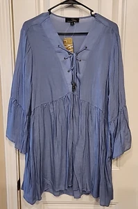 SUZANNE BETRO BLUE TEXTURED LACE UP BELL SLEEVE BOHO STYLE TUNIC 3X NWT $65 - Picture 1 of 9