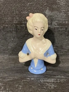 Victorian Antique Porcelain Pin Doll Half Doll Blue Dress - Picture 1 of 8