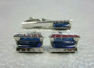 Vintage Sapphire Blue Lucite Strip White Gold Plated Cuff Links with Tie Clasp  - Picture 1 of 5