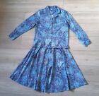 Damart Vintage 80's Blue Print 2 Piece Blouse & Skirt Retro Shoulder Pads UK10