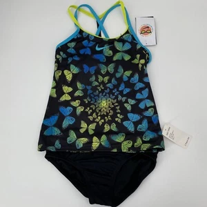 NIKE Girl's 2-Piece Swimsuit Set Black Size S Black/Butterfly Multicolored - Picture 1 of 5