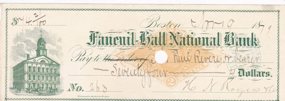 KAPPYSCOINS W7827 1879 FANEUIL HALL NATIONAL BANK BOSTON PAID & CANCELLED CHECK  - Image 1 of 4