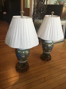 pair Hand painted vintage lamps wood base shades - Picture 1 of 12