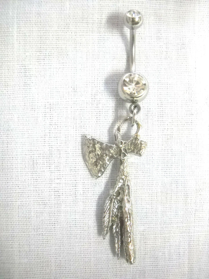 NEW USA CAST PEWTER TOMAHAWK w ATTACHED SOLID FEATHERS CLEAR BELLY BUTTON RING - Image 1 of 1