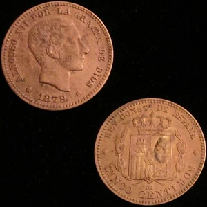SPAGNA, 319-ALFONSO XII, 5 CÉNTIMOS 1879, BARCELLONA OM, XF. - Foto 1 di 1